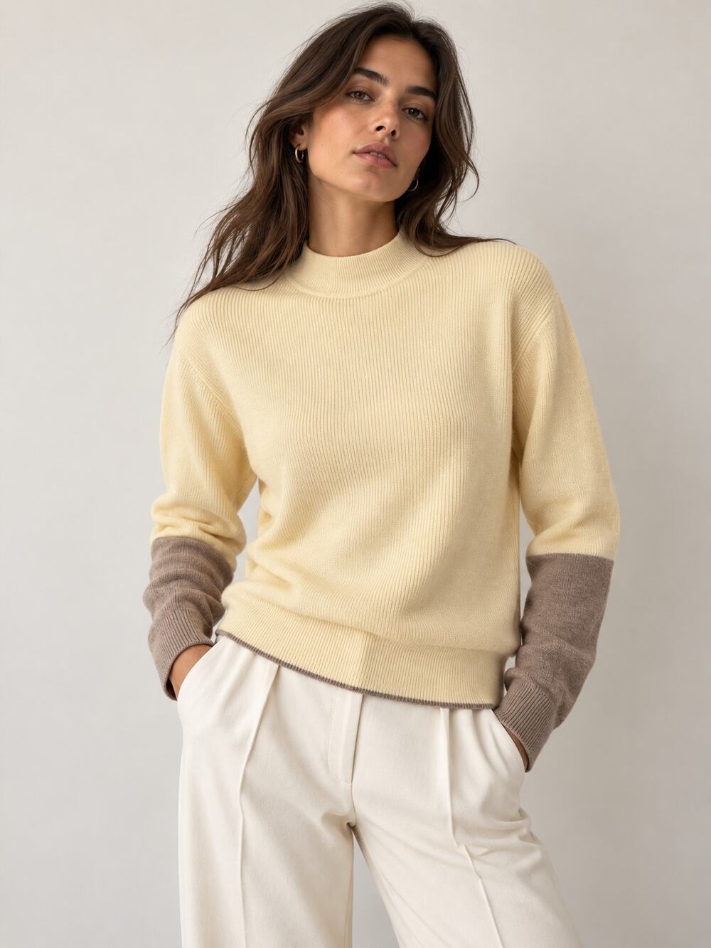Theory Sweater S 100% Merino Wool Lightweight Colorblock Mock Neck Ivory Taupe